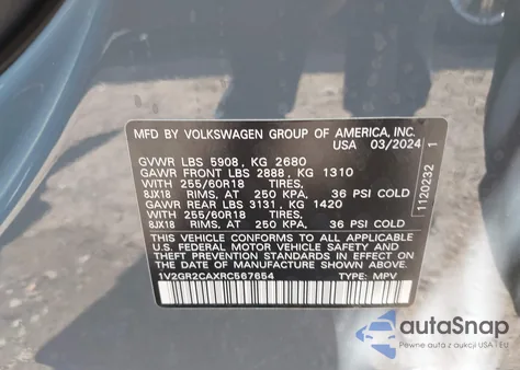 2024 Volkswagen Atlas 2.0T Peak Edition Sel from USA, damaged, VIN 1V2GR2CAXRC567654